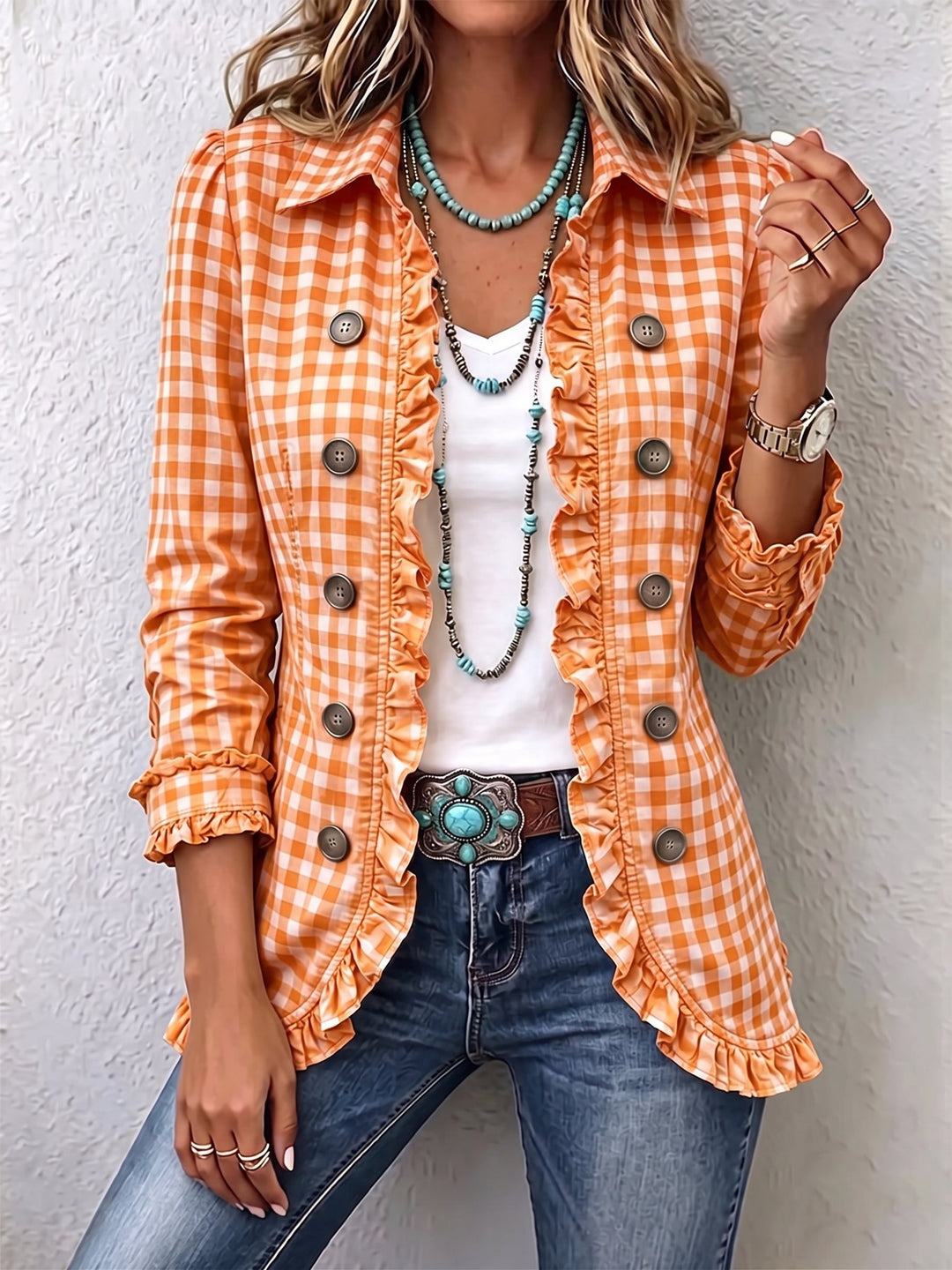 Veste Chemise à Carreaux Charlene™ avec Volants et Boutons