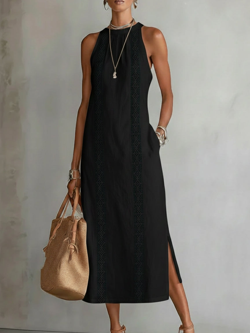 Jimena | Robe Midi Ample à Col Mao Brodé