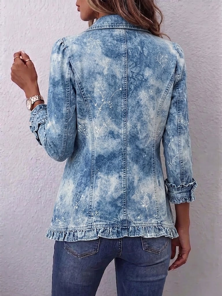 Veste Boho-Chic Imprimé Botanique Vintage Dégradé avec Détails Volants