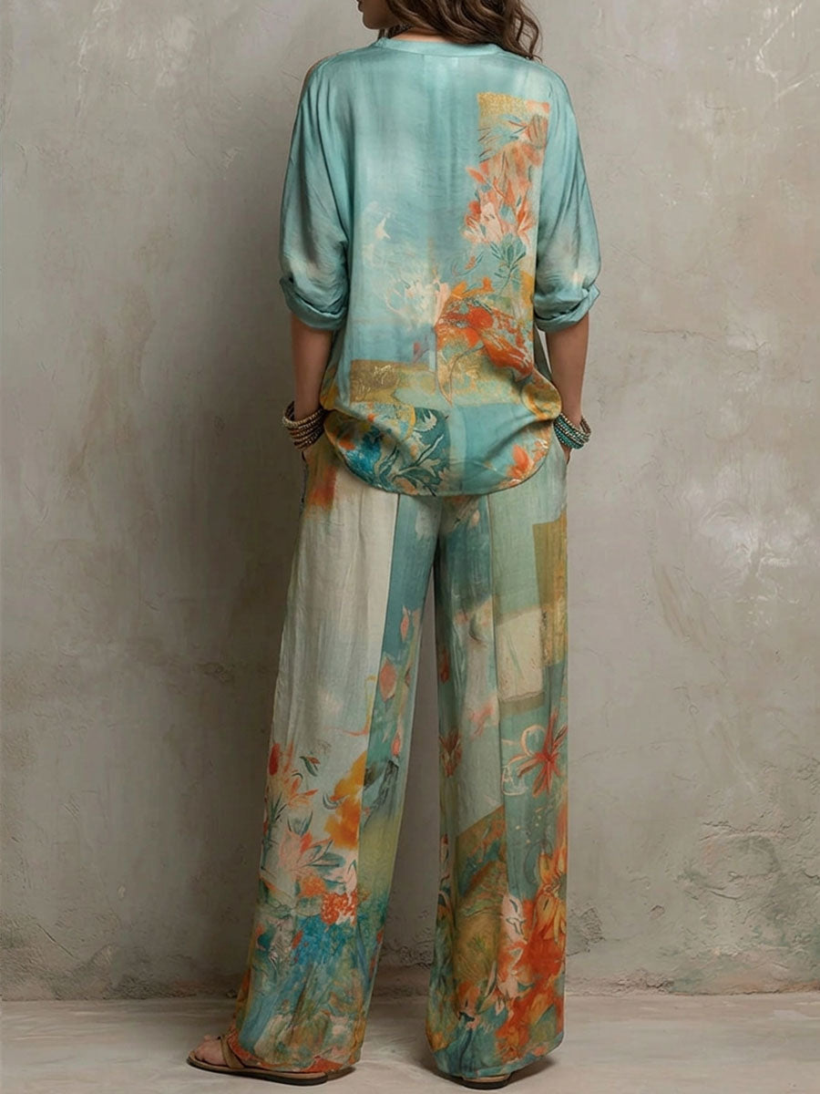 Chiara | Elegant floral print set with wide-leg pants