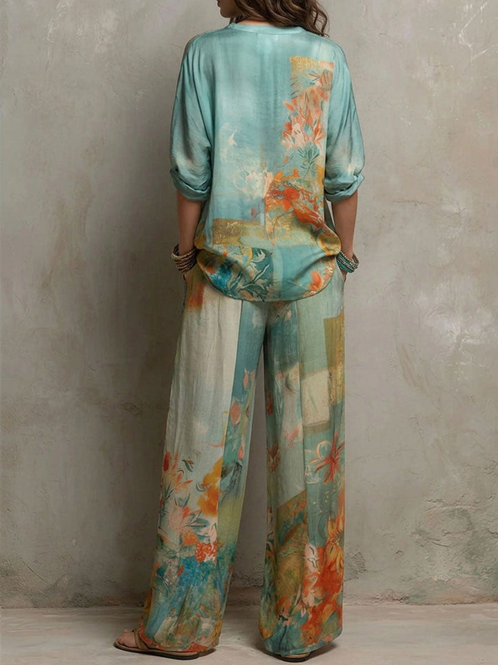 Chiara | Elegant floral print set with wide-leg pants