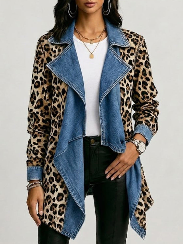 Veste Longueur Moyenne Léopard et Denim Délavé à Panneaux