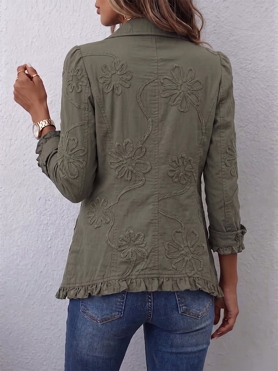 Kamberly™ | Veste Utilitaire Bohème-Chic à Broderie Florale et Volants