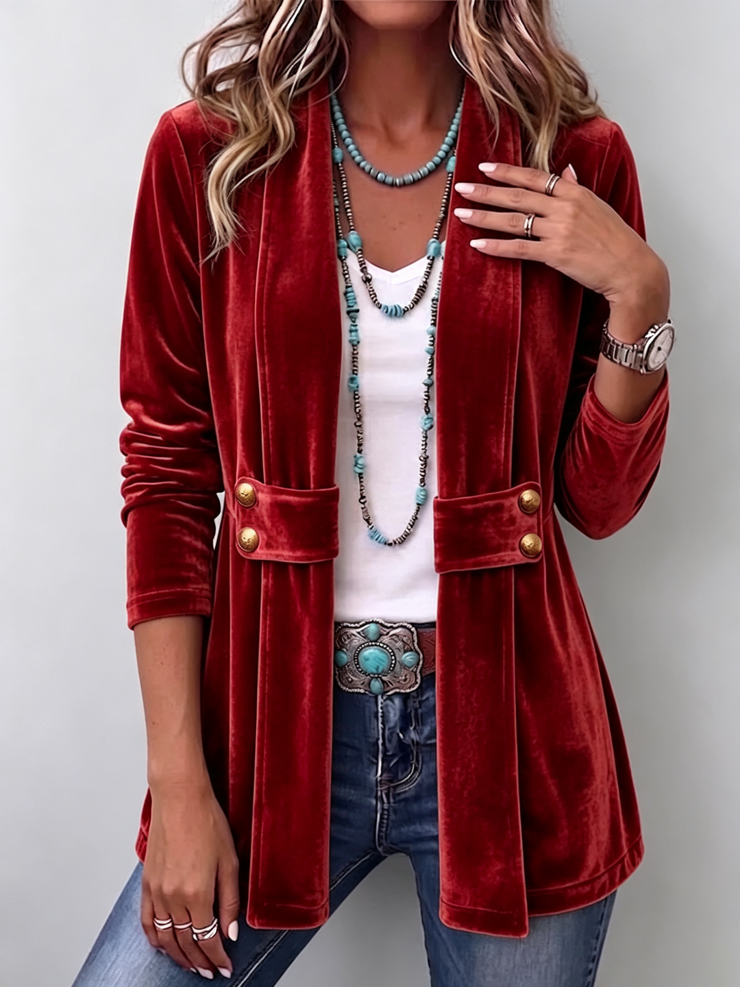 Veste col Châle Boutonnée Vintage Manches Longues Ouverture Avant