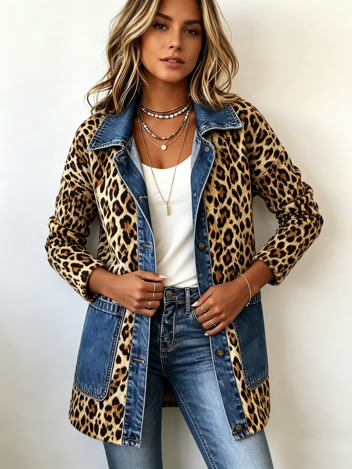 Veste Longue Imprimé Léopard avec Détails en Denim