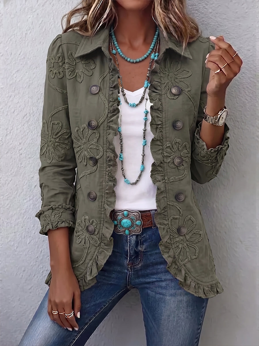 Kamberly™ | Veste Utilitaire Bohème-Chic à Broderie Florale et Volants