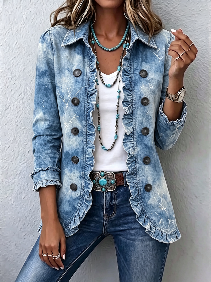 Veste Boho-Chic Imprimé Botanique Vintage Dégradé avec Détails Volants