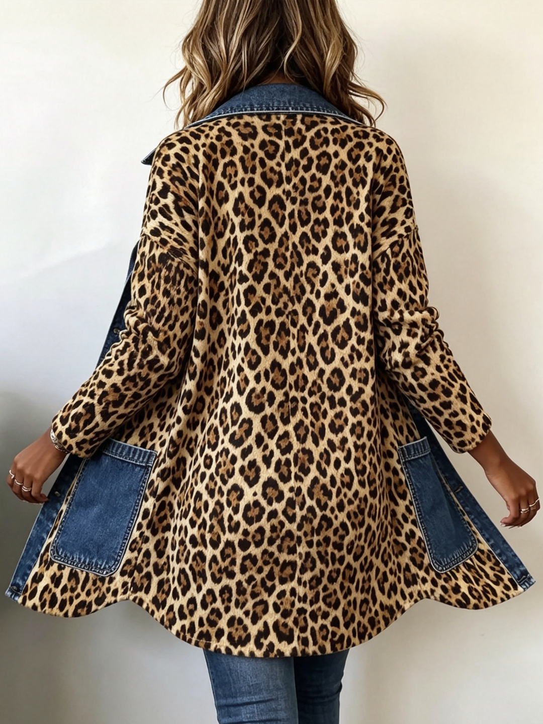 Veste Longue Imprimé Léopard avec Détails en Denim