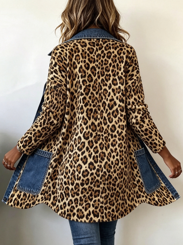 Veste Longue Imprimé Léopard avec Détails en Denim