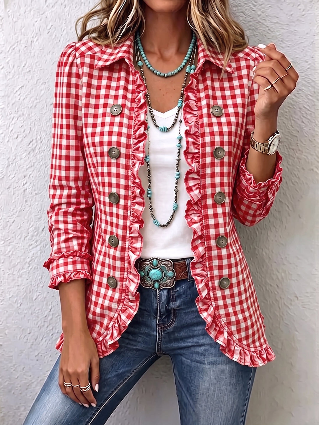 Veste Chemise à Carreaux Charlene™ avec Volants et Boutons