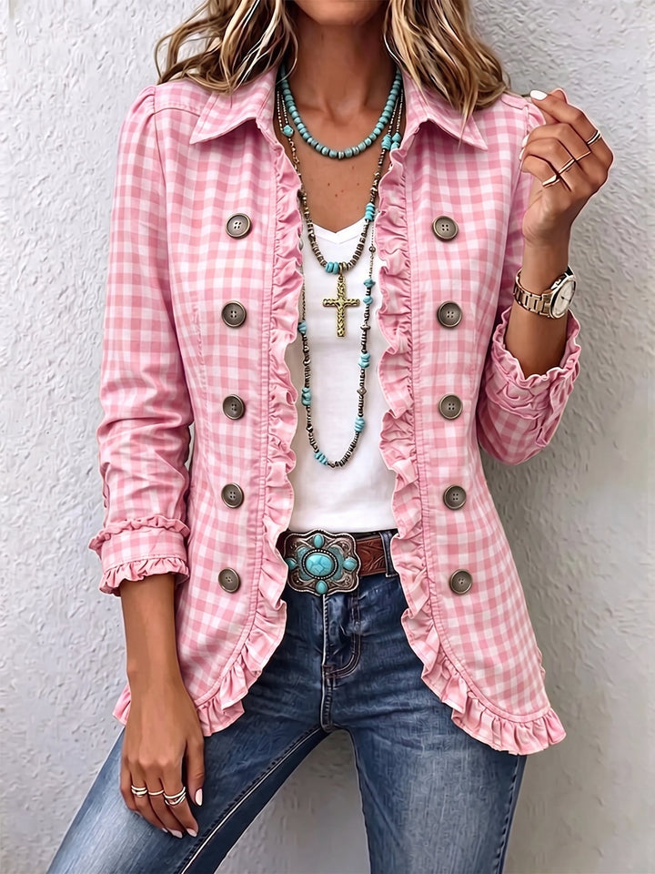 Veste Chemise à Carreaux Charlene™ avec Volants et Boutons