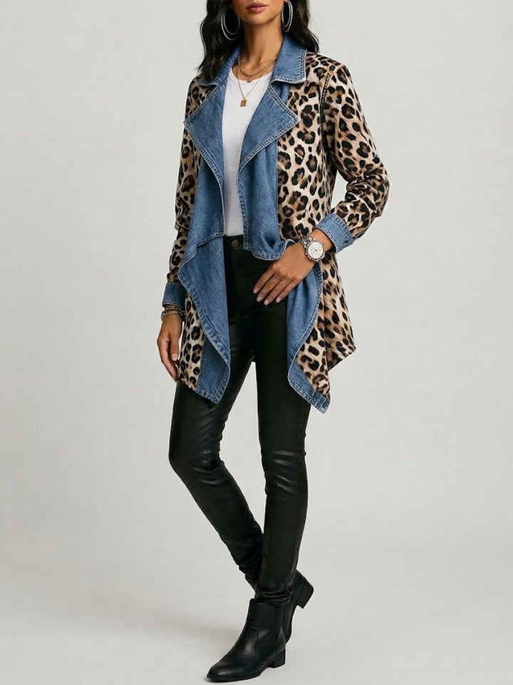 Veste Longueur Moyenne Léopard et Denim Délavé à Panneaux