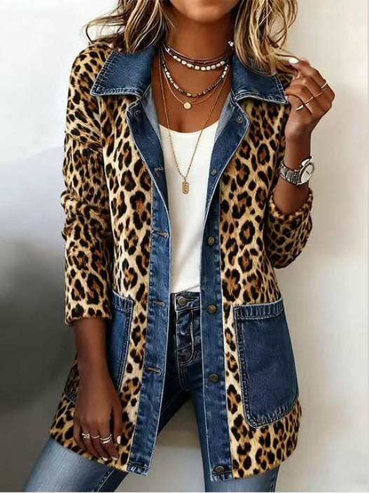 Veste Longue Imprimé Léopard avec Détails en Denim