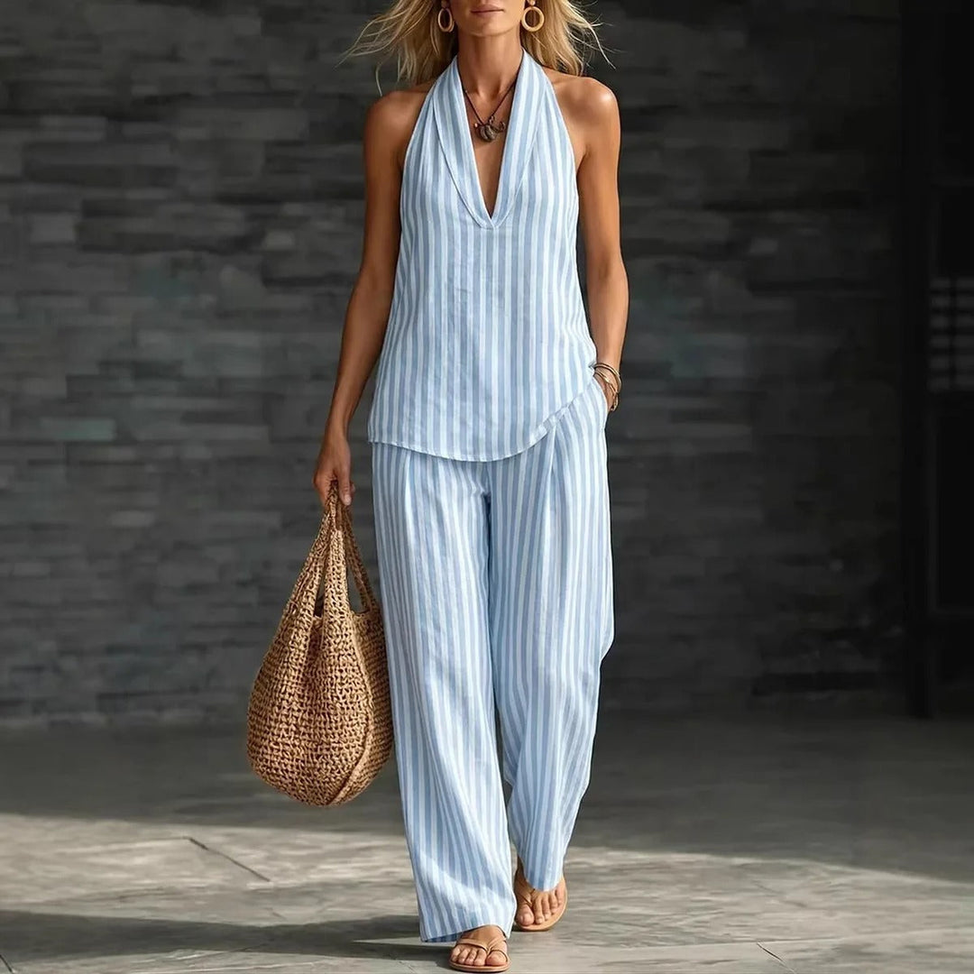 Sofía Ensemble avec Top Halter et Pantalon Large à Rayures