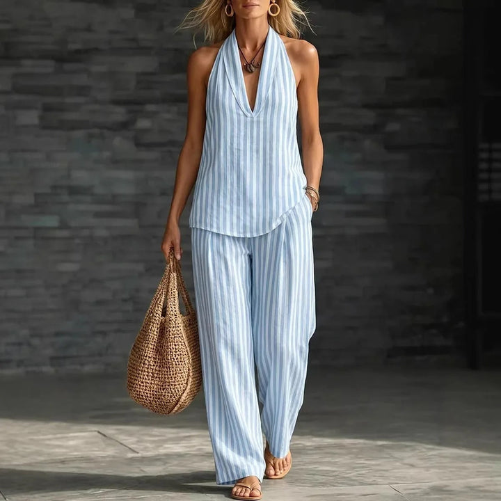 Sofía Ensemble avec Top Halter et Pantalon Large à Rayures