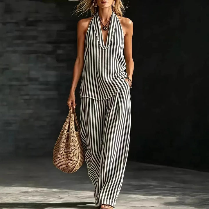 Sofía Ensemble avec Top Halter et Pantalon Large à Rayures