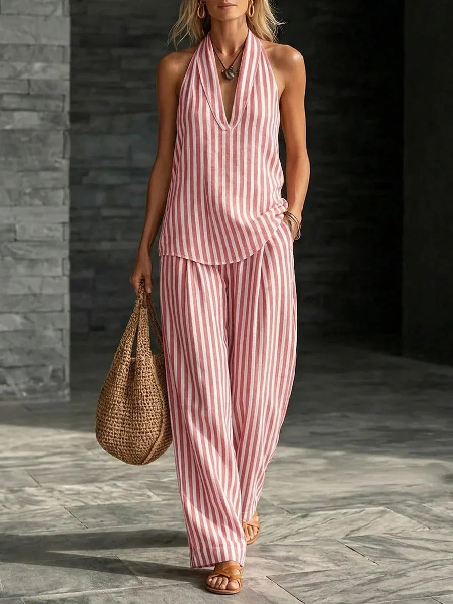 Sofía Ensemble avec Top Halter et Pantalon Large à Rayures