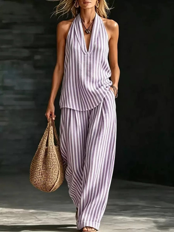 Sofía Ensemble avec Top Halter et Pantalon Large à Rayures