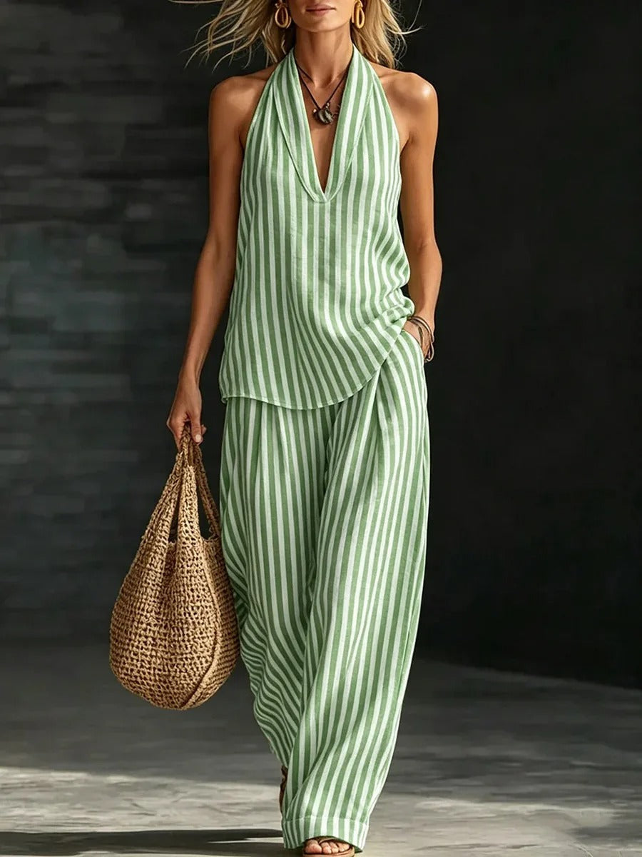 Sofía Ensemble avec Top Halter et Pantalon Large à Rayures
